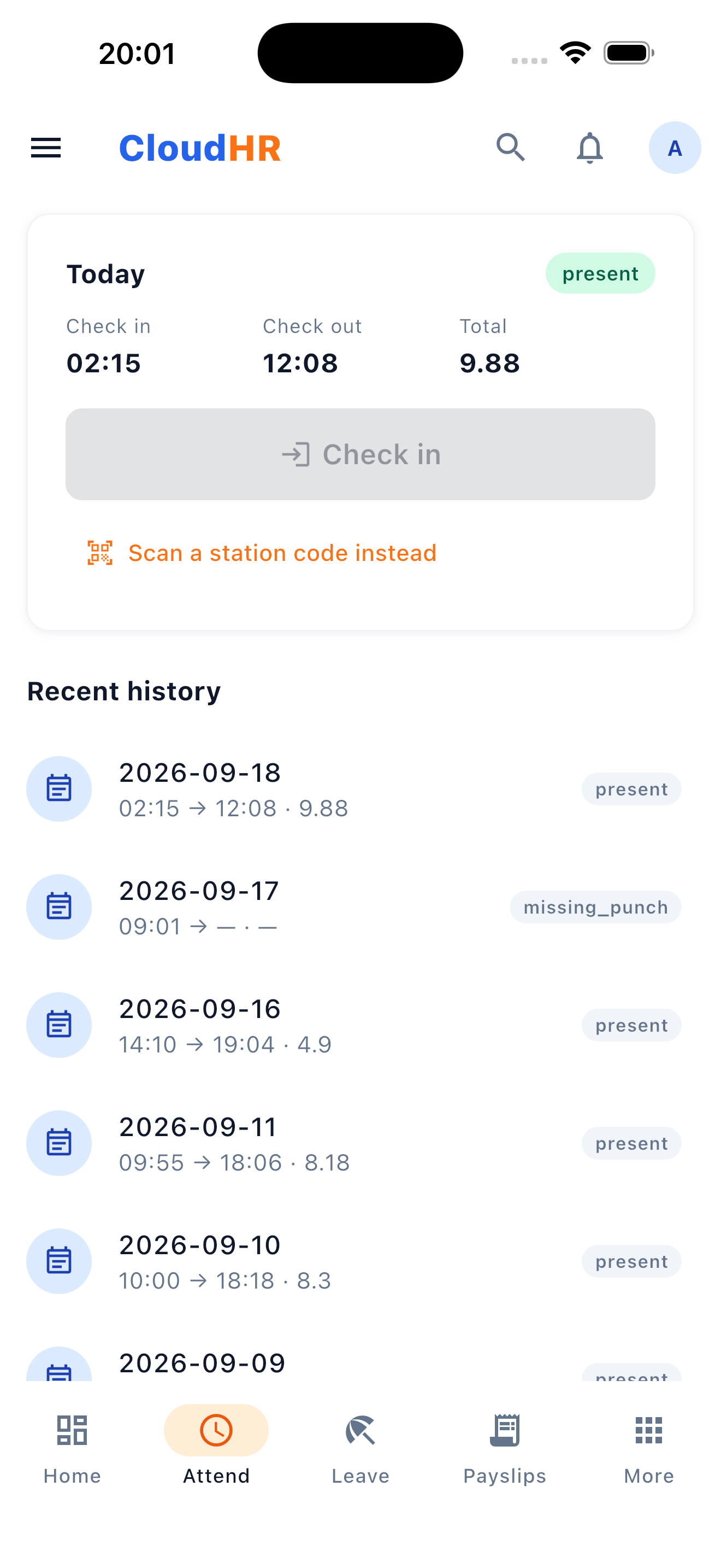 CloudHR Attendance screen on mobile
