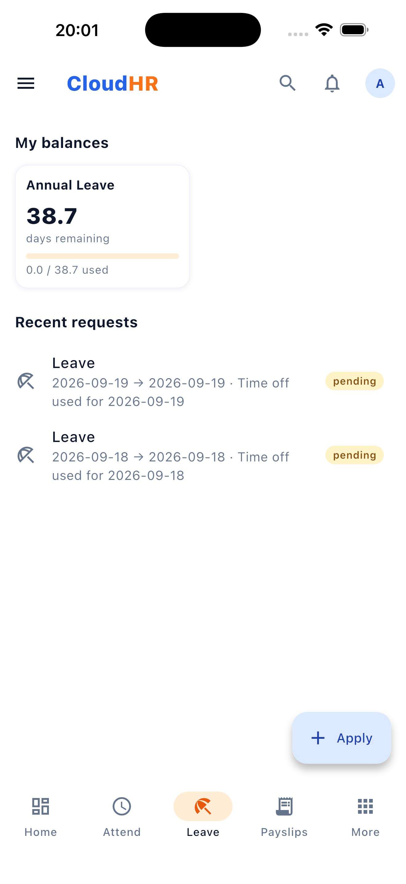 CloudHR Leave screen on mobile