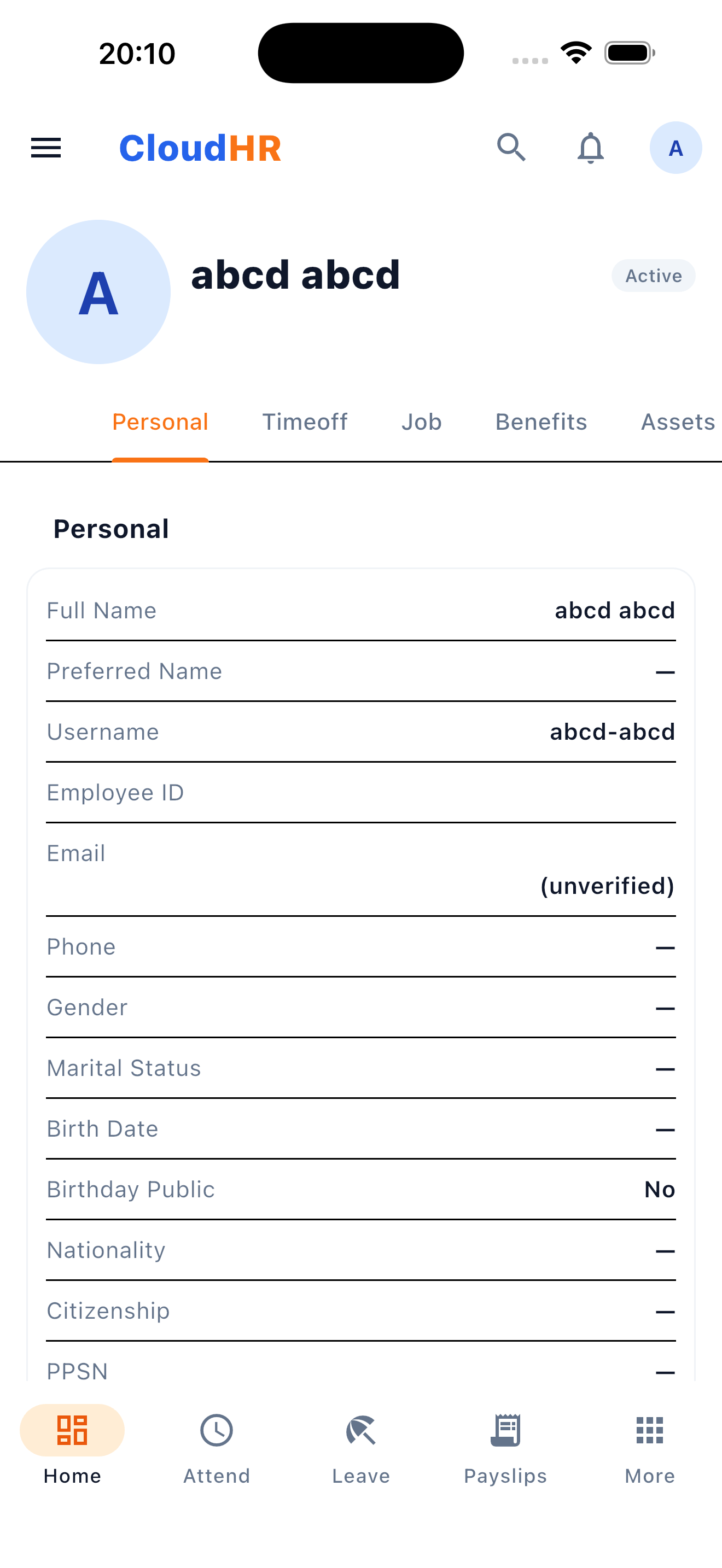 CloudHR Profile screen on mobile