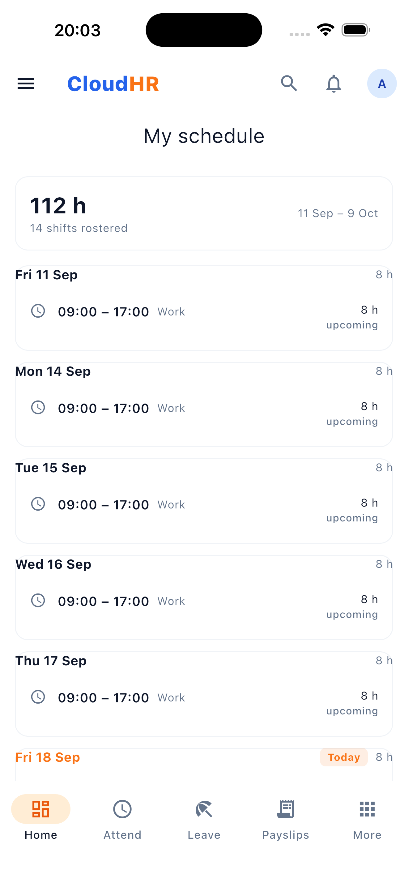 CloudHR Schedule screen on mobile